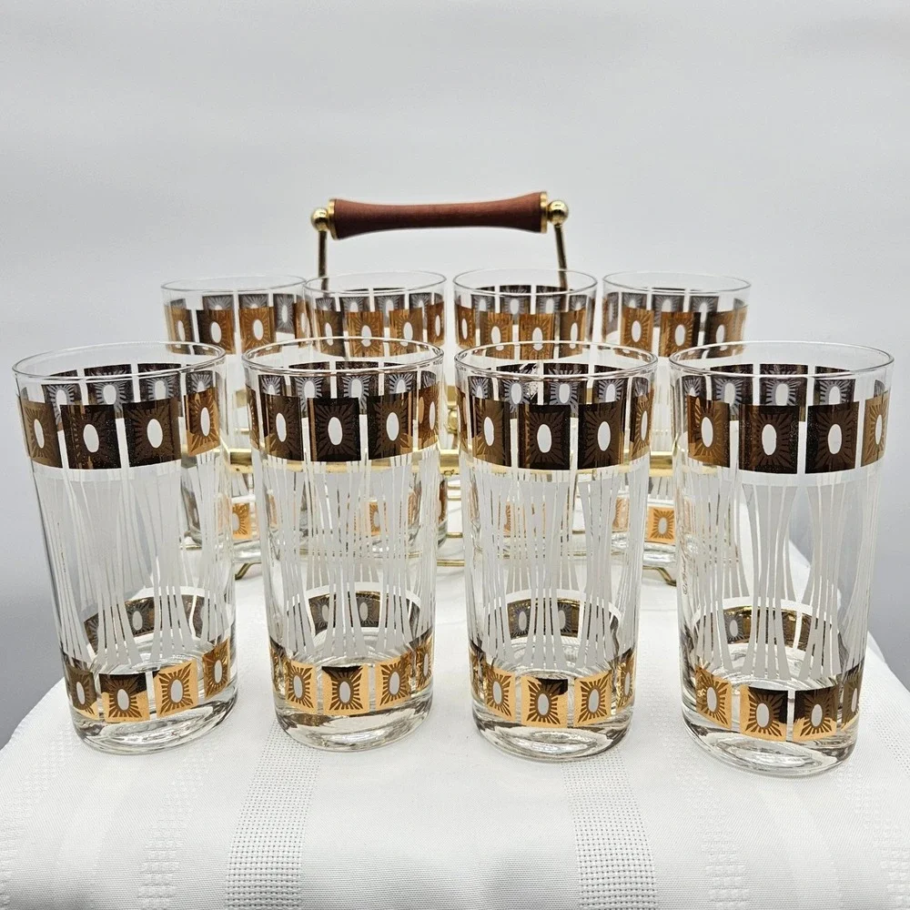 Set of 8 MCM Fred Press Frosted 22Kt Trim High Ball Glasses in‎ a Brass Caddy